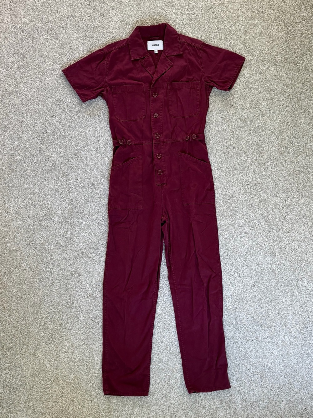 PISTOLA Grover Burgundy Short-Sleeve Button-Front Utility Jumpsuit